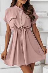 Casual Solid Draw String Buckle O Neck A Line Dresses