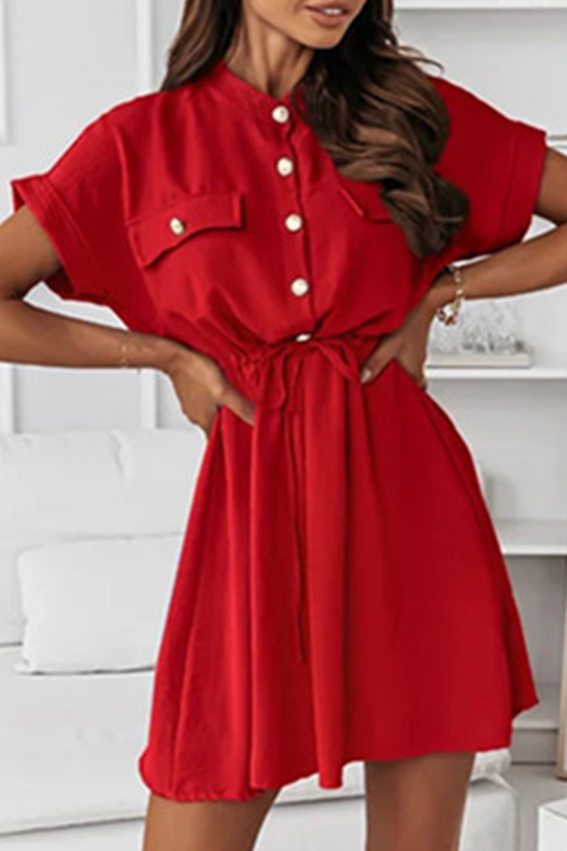 Casual Solid Draw String Buckle O Neck A Line Dresses