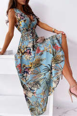 Fashion Elegant Floral Split Joint V Neck A Line Dresses