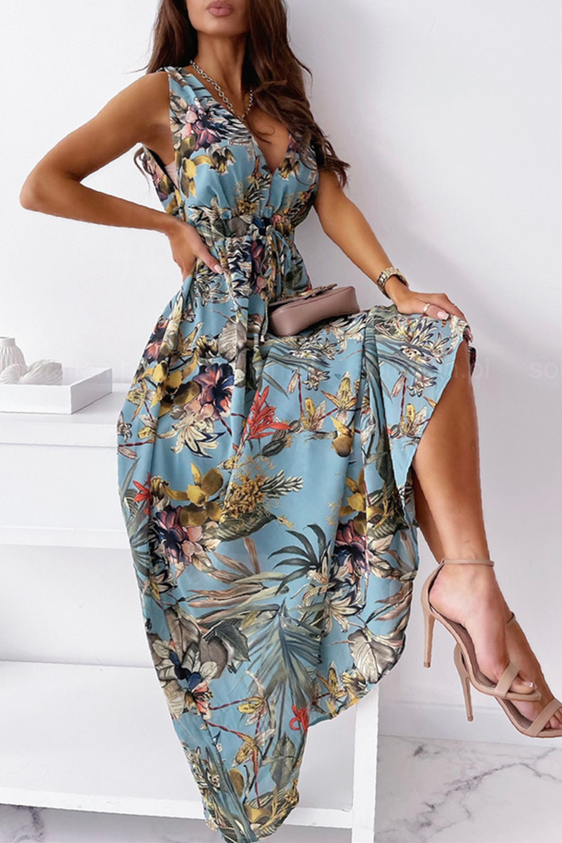 Fashion Elegant Floral Split Joint V Neck A Line Dresses