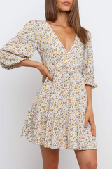 Fashion Elegant Floral Split Joint V Neck Pleated Dresses