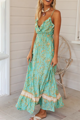 Casual Bohemian Print Floral Split Joint Flounce V Neck A Line Dresses