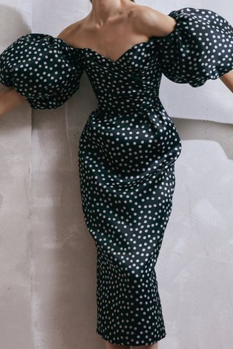 Fashion Elegant Polka Dot Slit Fold Strapless Pencil Skirt Dresses