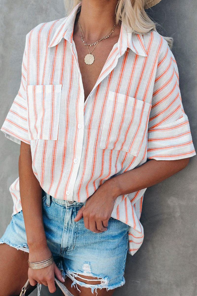 Casual Striped Turndown Collar Tops(4 Colors)