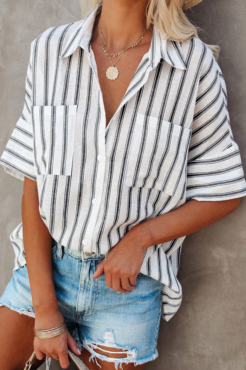 Casual Striped Turndown Collar Tops(4 Colors)