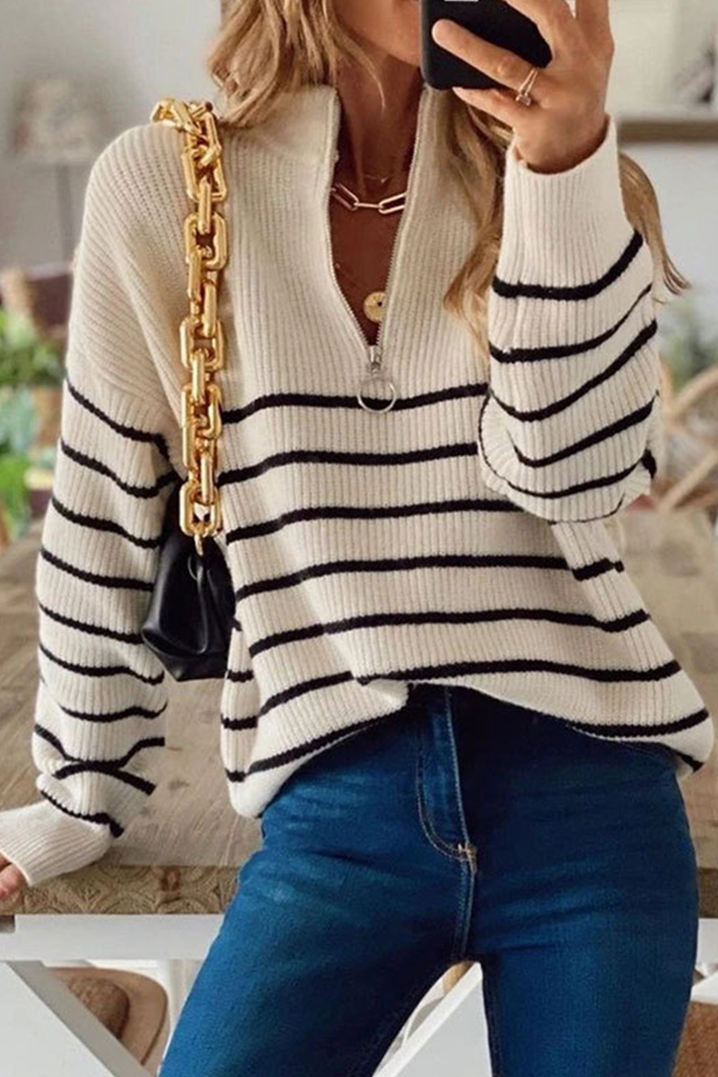 Sexy Striped Zipper Zipper Collar Tops Sweater(3 Colors)