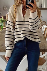 Sexy Striped Zipper Zipper Collar Tops Sweater(3 Colors)