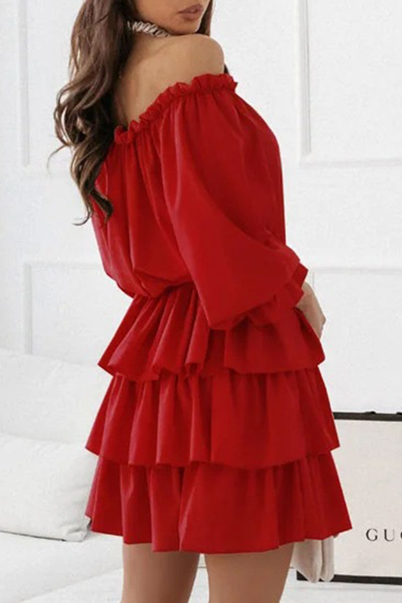 Fashion Solid Off the Shoulder Cake Skirt Dresses(6 Colors)