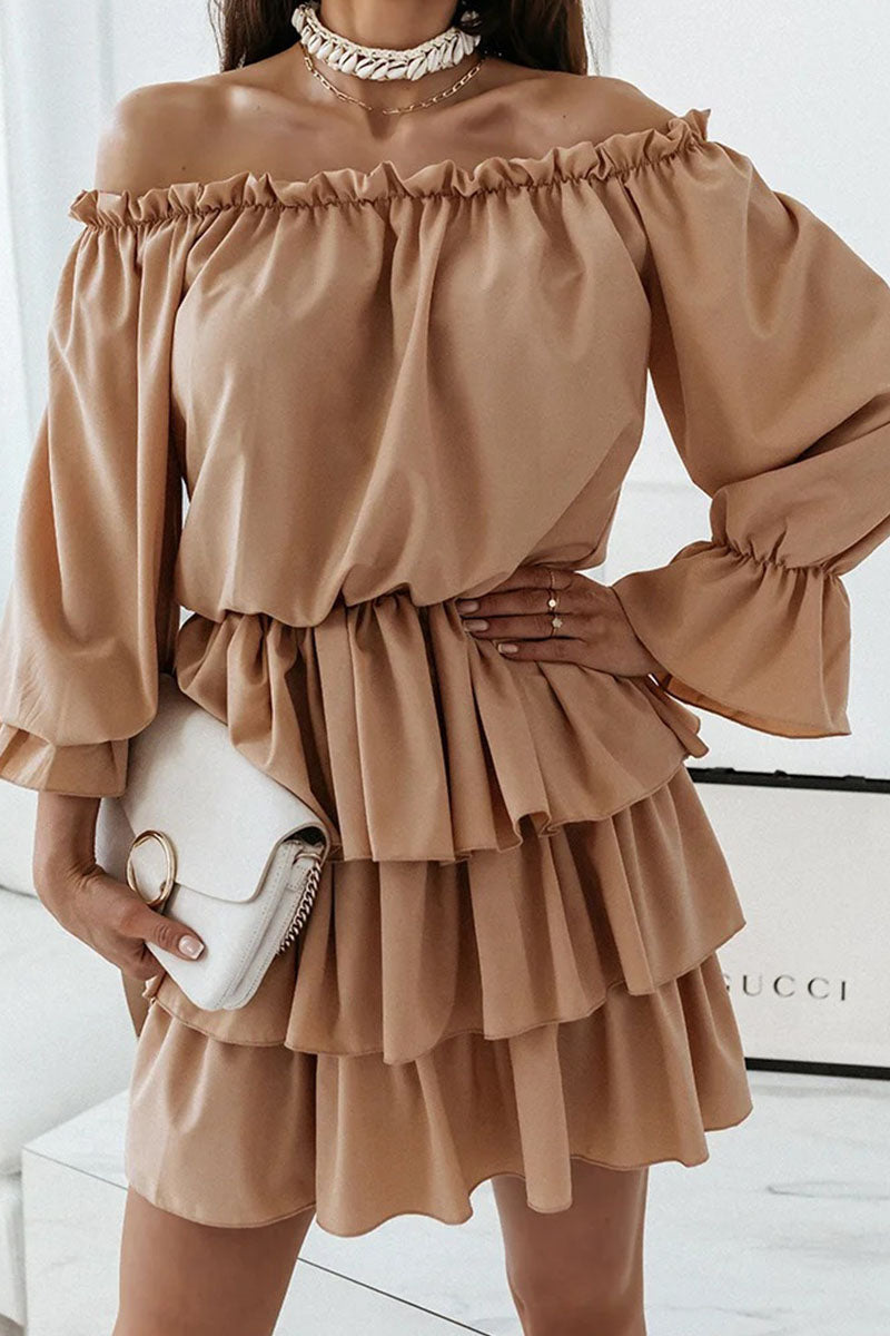 Fashion Solid Off the Shoulder Cake Skirt Dresses(6 Colors)