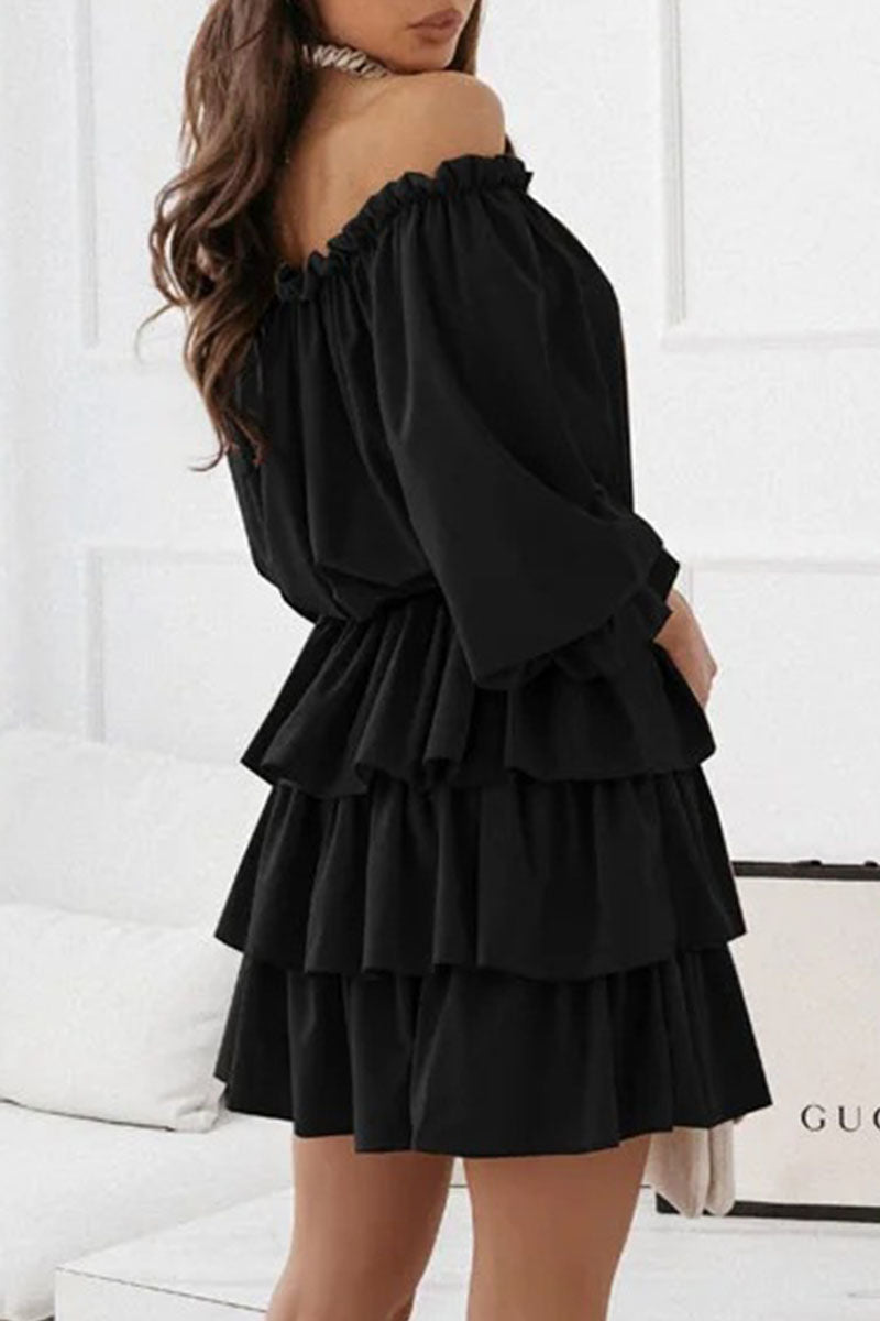 Fashion Solid Off the Shoulder Cake Skirt Dresses(6 Colors)