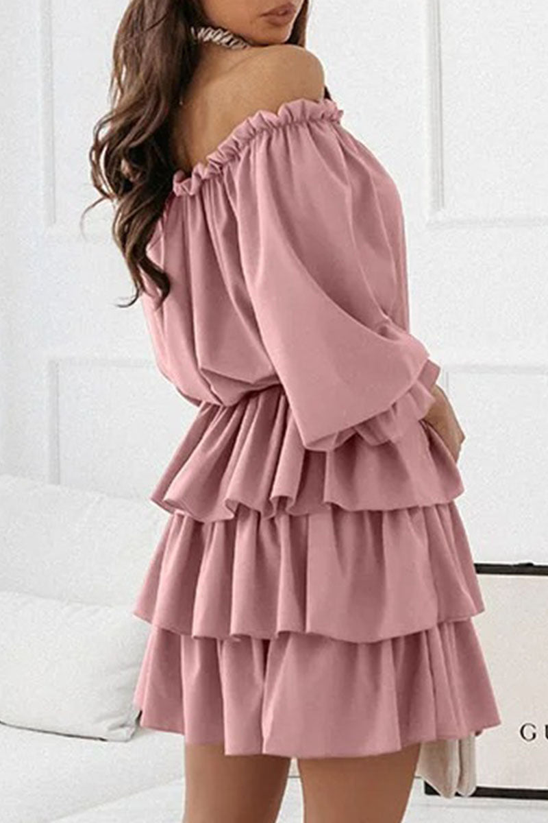 Fashion Solid Off the Shoulder Cake Skirt Dresses(6 Colors)