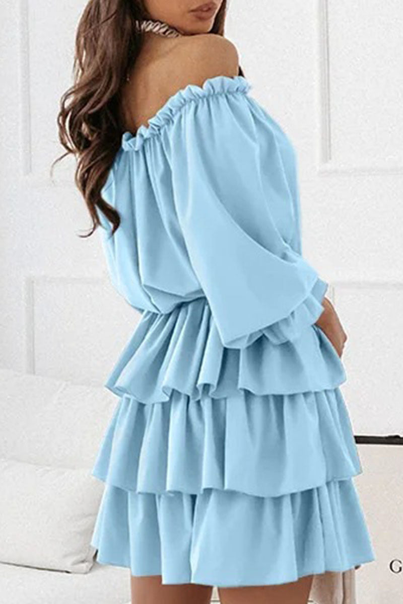 Fashion Solid Off the Shoulder Cake Skirt Dresses(6 Colors)