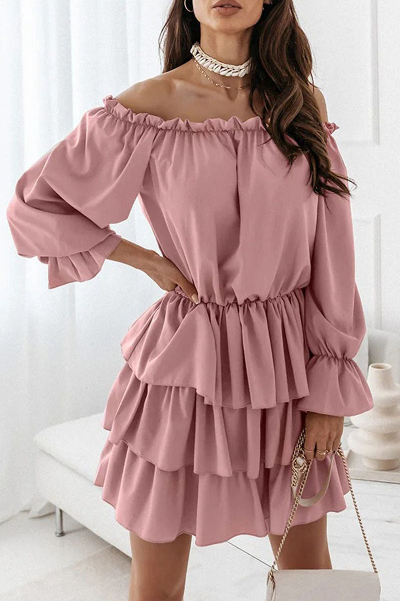 Fashion Solid Off the Shoulder Cake Skirt Dresses(6 Colors)