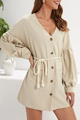 Casual Solid Pocket Buckle V Neck A Line Dresses