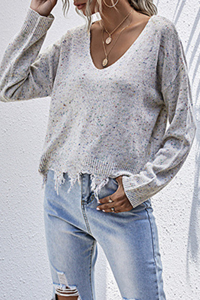 Casual Print Tassel V Neck Tops Sweater