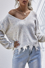 Casual Print Tassel V Neck Tops Sweater