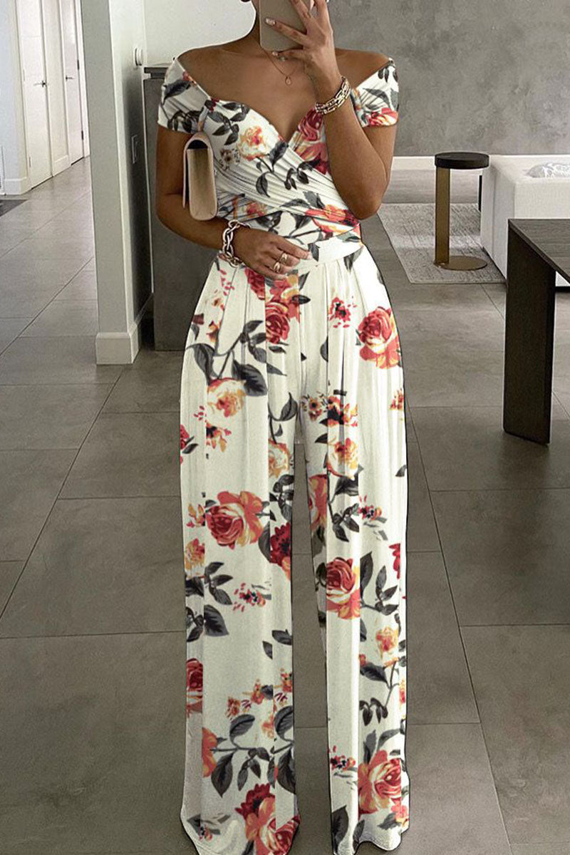 Fashion Print Split Joint V Neck Loose Jumpsuits