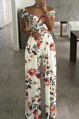 Fashion Print Split Joint V Neck Loose Jumpsuits