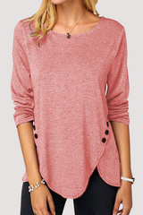 Casual Solid Split Joint Buckle O Neck Tops(11 Colors)