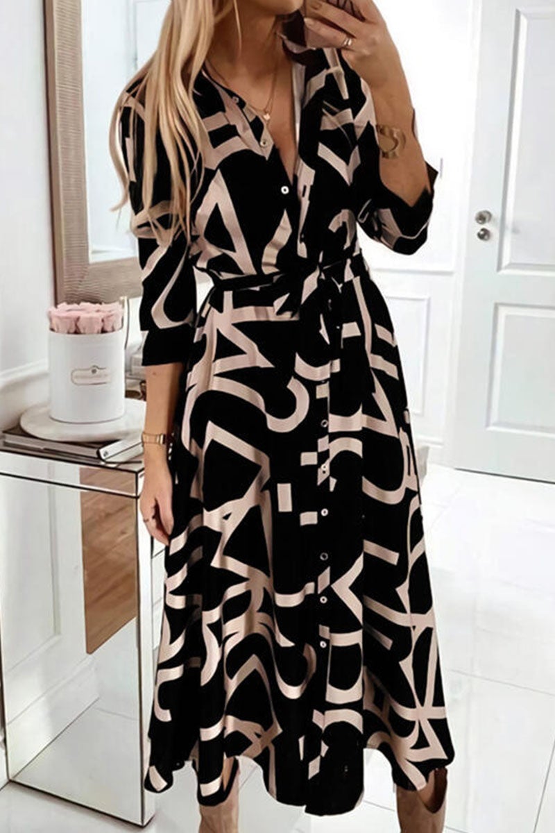 Fashion Print Turndown Collar A Line Dresses