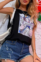 Fashion Print Split Joint O Neck Tops