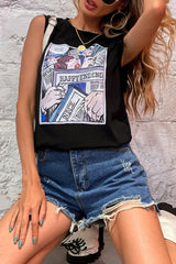 Fashion Print Split Joint O Neck Tops