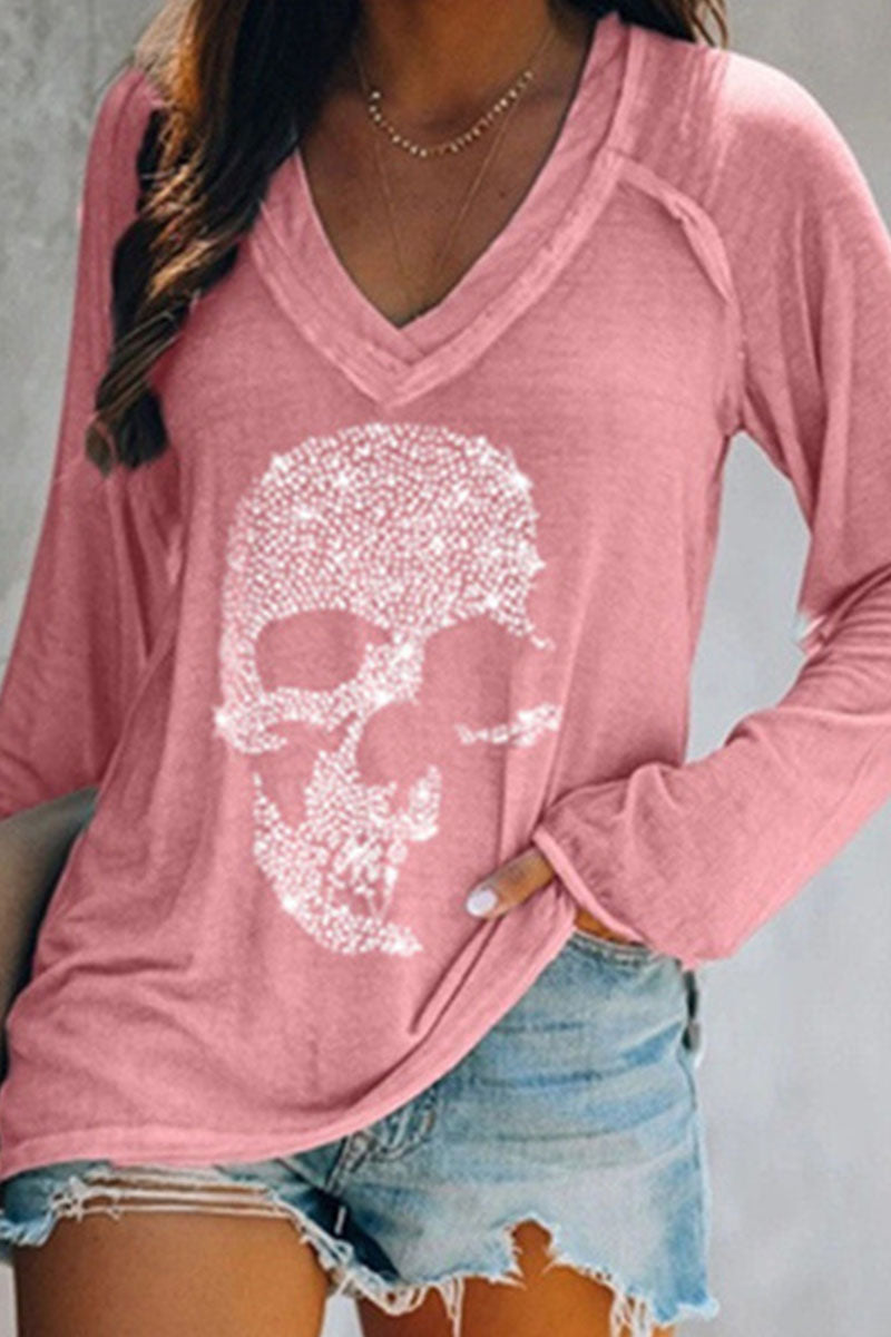 Fashion Print Split Joint V Neck T-Shirts(4 Colors)