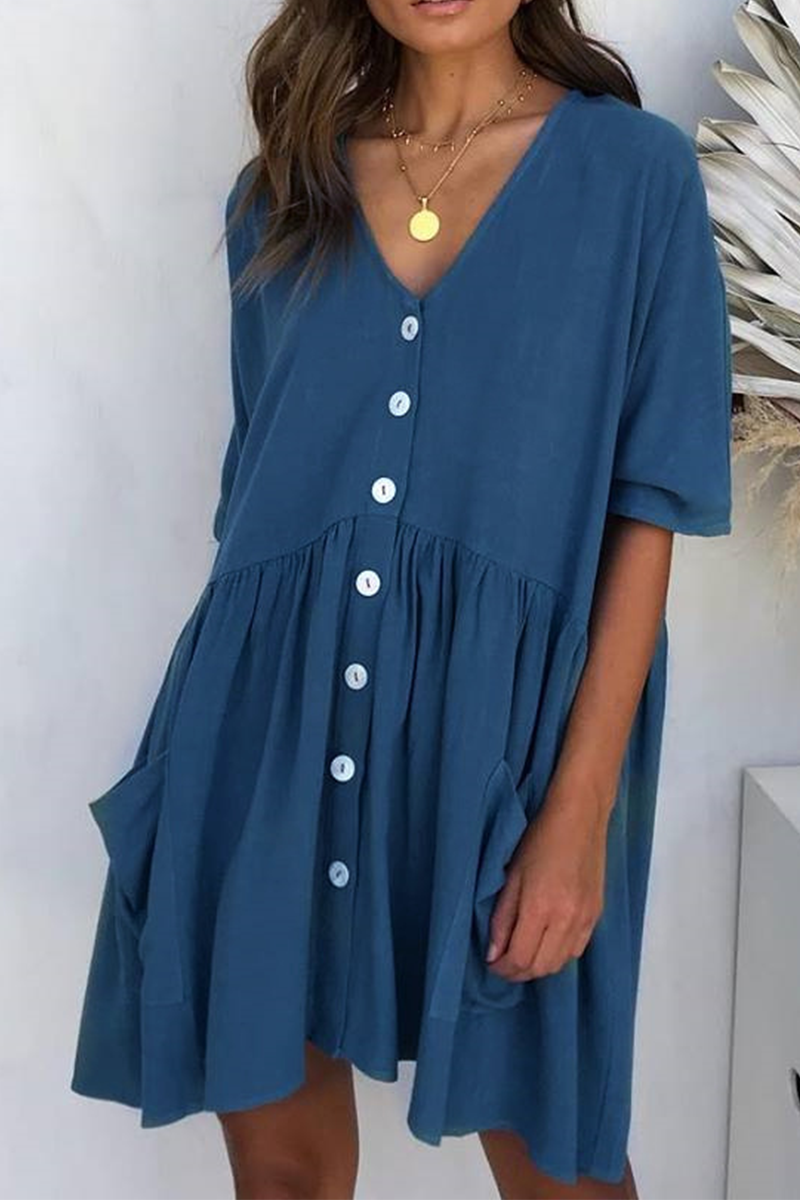 Casual Solid Pocket Buckle V Neck A Line Dresses