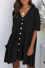 Casual Solid Pocket Buckle V Neck A Line Dresses