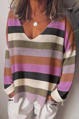 Casual Striped Split Joint V Neck Tops
