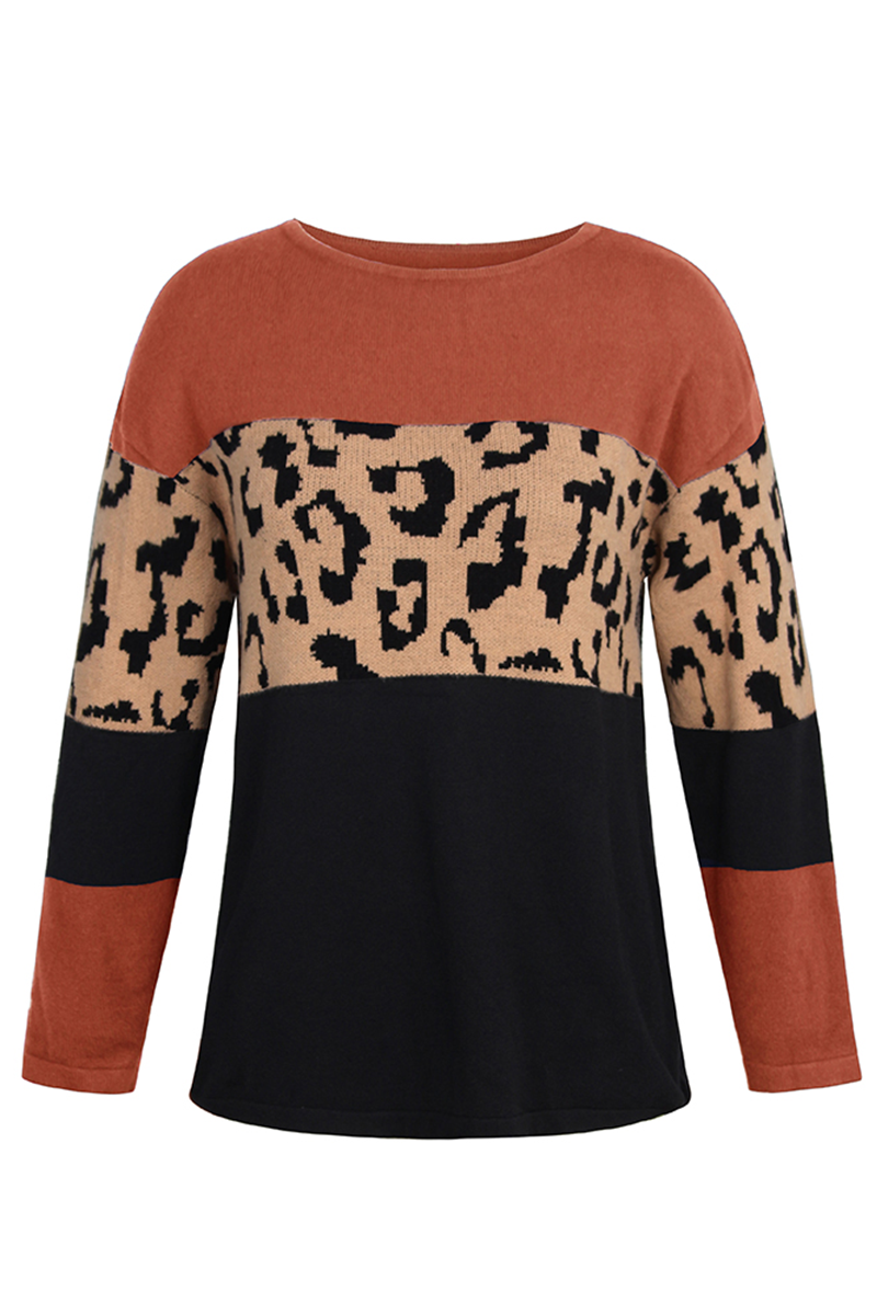 Casual Leopard Patchwork Contrast O Neck Sweaters(4 Colors)