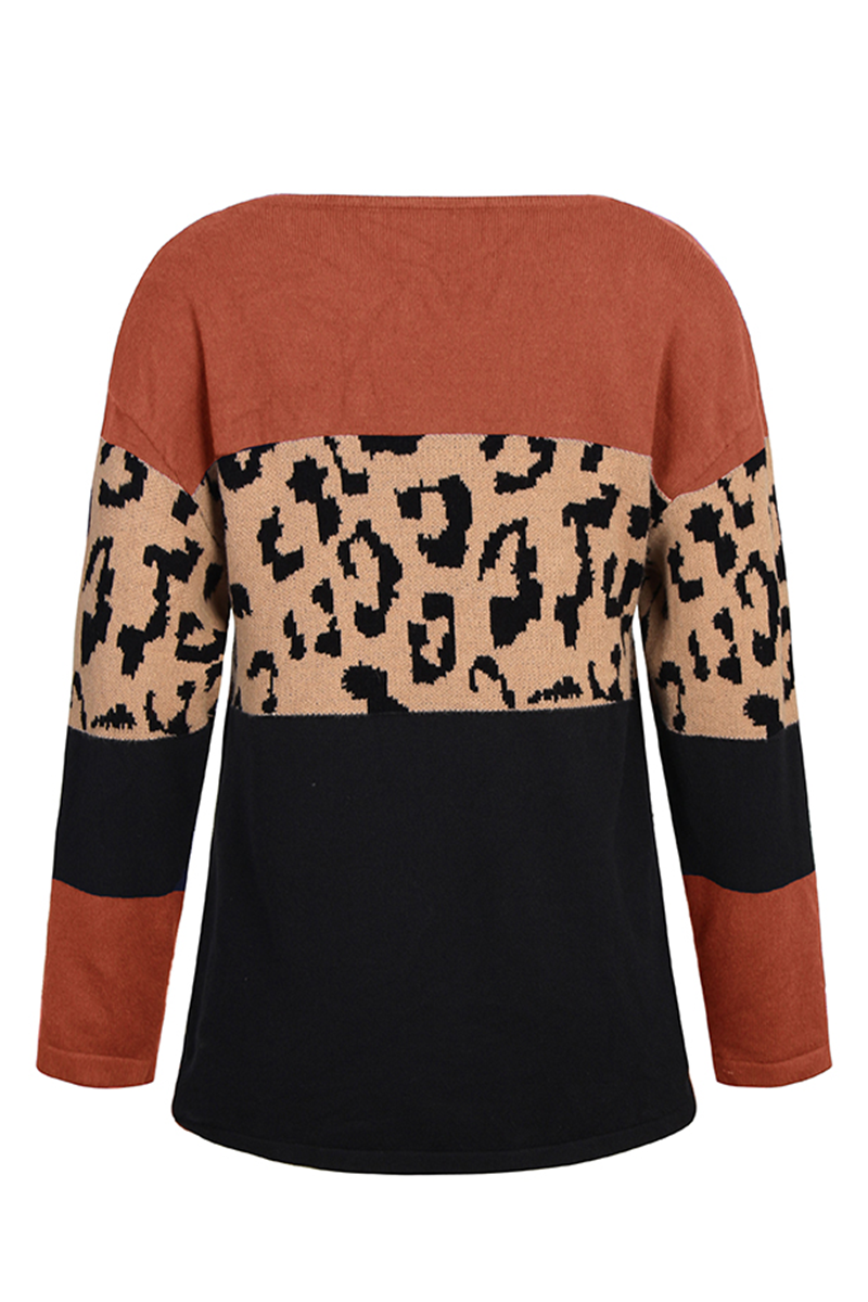 Casual Leopard Patchwork Contrast O Neck Sweaters(4 Colors)