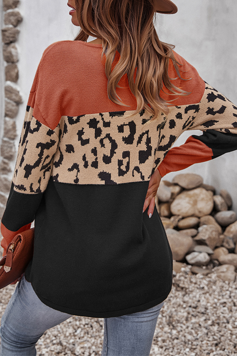 Casual Leopard Split Joint Contrast O Neck Tops(4 Colors)