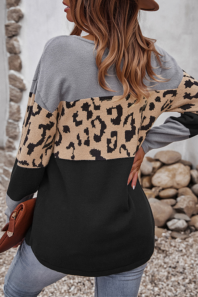 Casual Leopard Split Joint Contrast O Neck Tops(4 Colors)