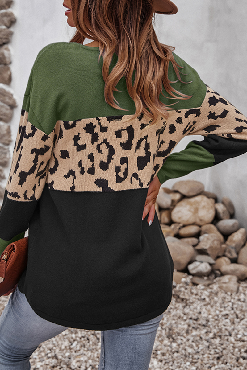 Casual Leopard Split Joint Contrast O Neck Tops(4 Colors)