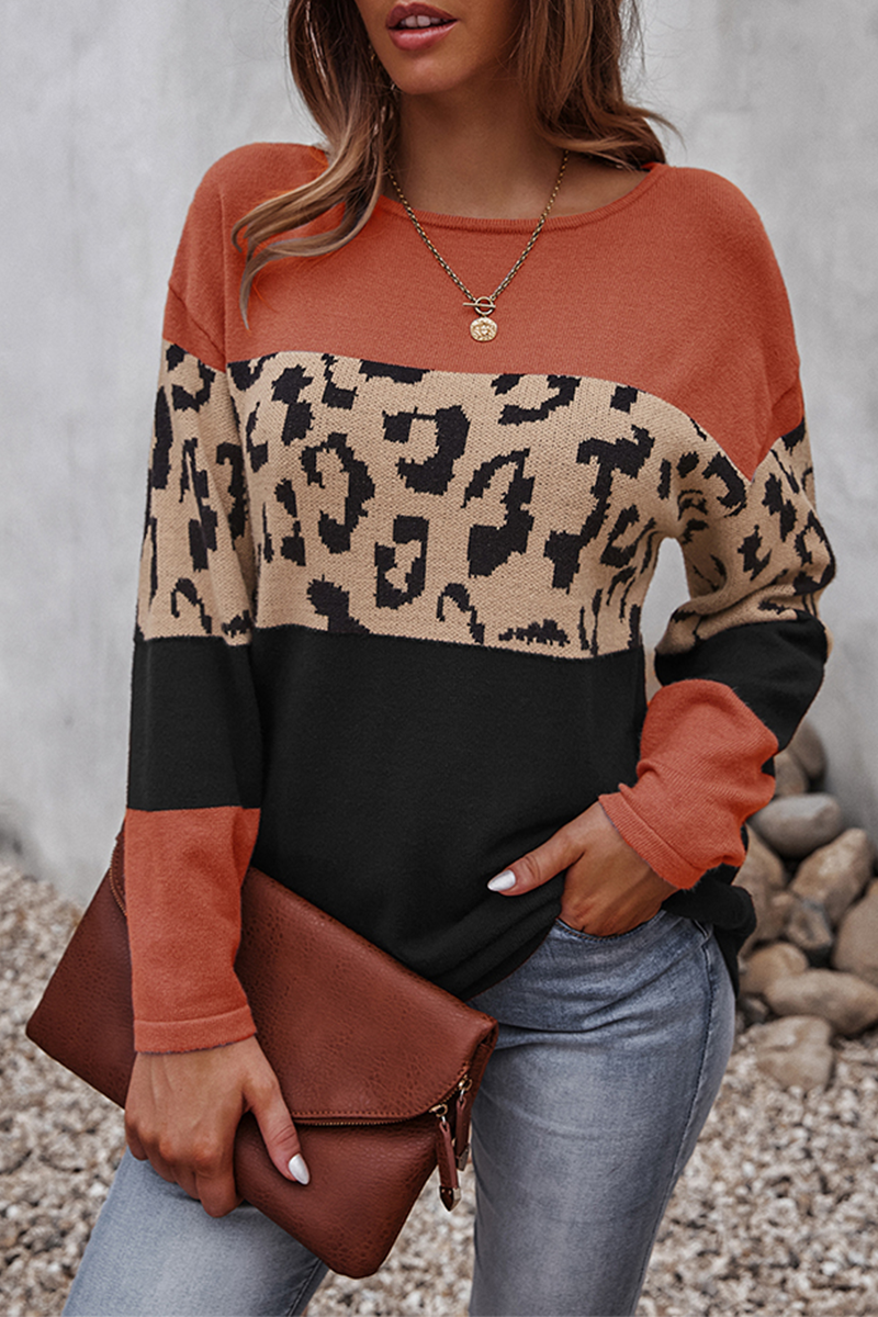 Casual Leopard Split Joint Contrast O Neck Tops(4 Colors)