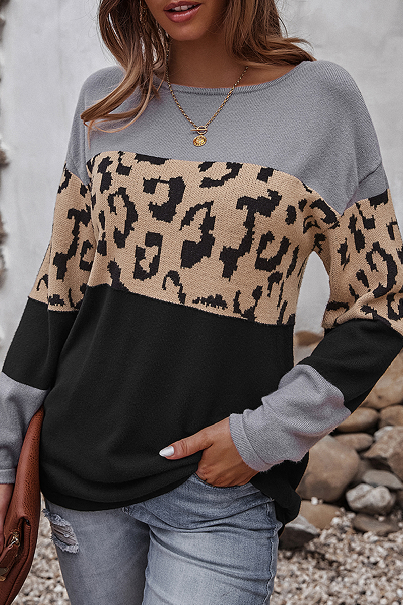 Casual Leopard Split Joint Contrast O Neck Tops(4 Colors)