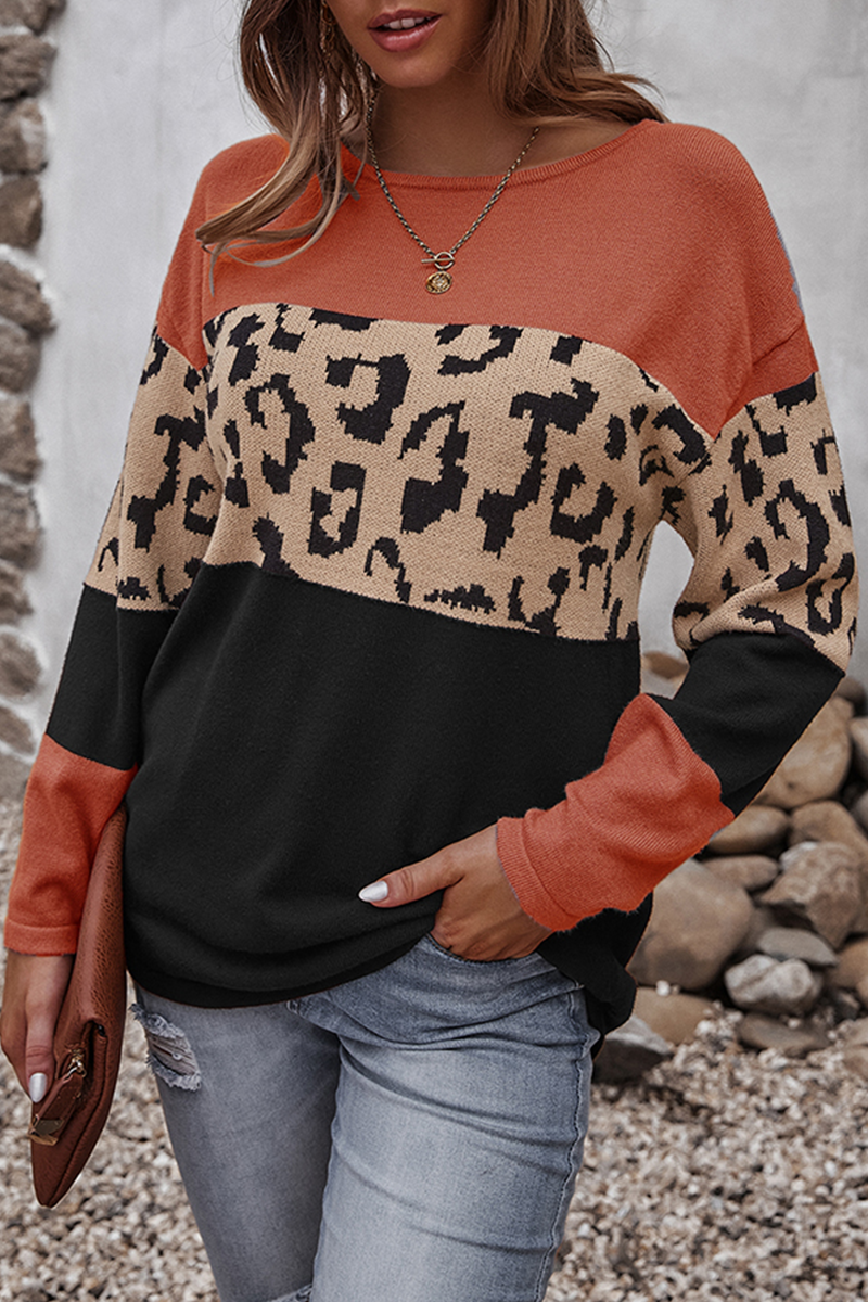 Casual Leopard Split Joint Contrast O Neck Tops(4 Colors)