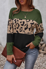 Casual Leopard Split Joint Contrast O Neck Tops(4 Colors)