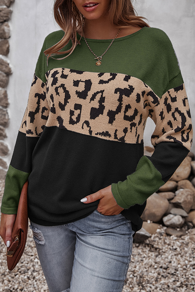 Casual Leopard Split Joint Contrast O Neck Tops(4 Colors)