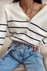 Casual Striped Buckle  Contrast V Neck Tops