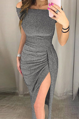 Fashion Elegant Solid Slit Sequined Off the Shoulder Wrapped Dresses(3 Colors)