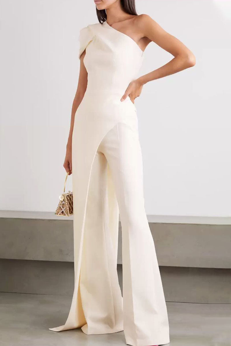 Fashion Elegant Solid Split Joint One Shoulder Loose Jumpsuits