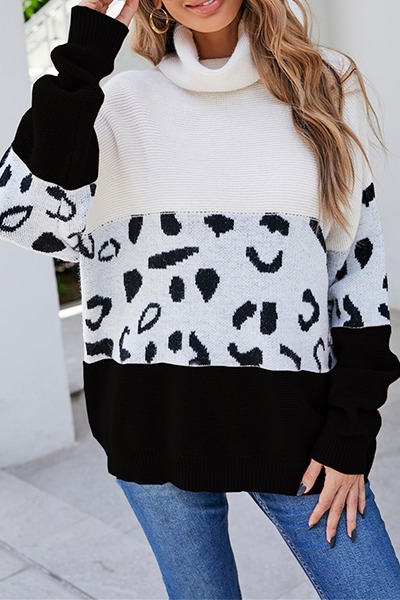 Casual Leopard Split Joint  Contrast Turtleneck Tops