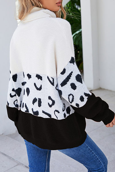 Casual Leopard Split Joint  Contrast Turtleneck Tops