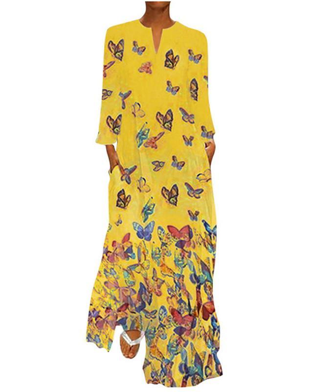 Women's Shift Dress Maxi long Dress - Long Sleeve Butterfly Spring Fall Hot Loose White Yellow Blushing Pink Light Blue S M L XL XXL 3XL 4XL 5XL