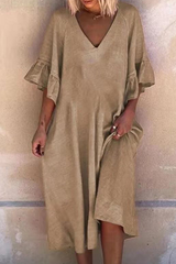 Casual Solid Split Joint Flounce V Neck Dresses(4 Colors)