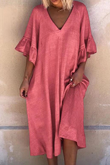 Casual Solid Split Joint Flounce V Neck Dresses(4 Colors)