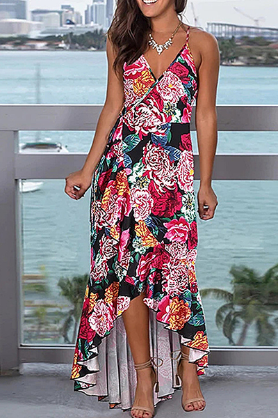 Fashion Elegant Floral Split Joint Flounce V Neck Irregular Dress Dresses