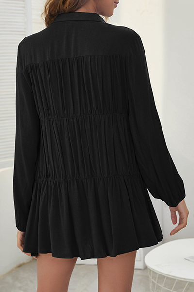 Casual Solid Buckle Fold Turndown Collar Shirt Dress Dresses